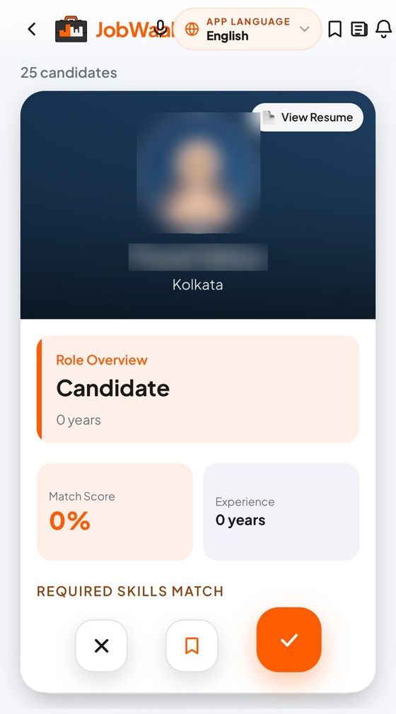 Jobwaale employer app: candidate card with match score and select buttons