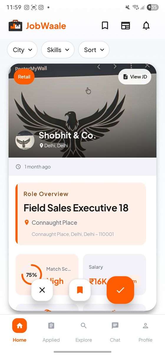Jobwaale app: job card with match score and apply buttons